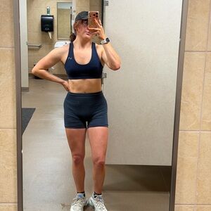 TLF strappy sports bra and cosmic seamless scrunch butt shorts